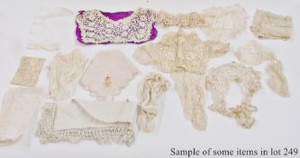 Quantity of silk handkerchiefs, lace pieces, cuffs etc ( 1 box)