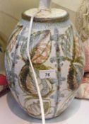 Denby pottery table lamp base, by Glynn Colledge, geometric leaves on a cream ground, blues and