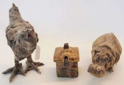 Studio pottery chicken, 22cm high, a studio pottery hippopotamus by the same maker and a Torquay