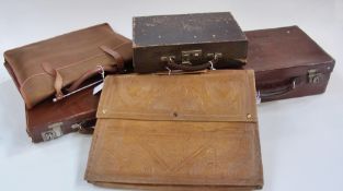 Two small vintage leather cases, small leather writing case with the initials "EME" and a music case