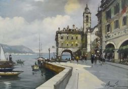 Oil on canvas
Maximo Moreno 
"Lake Como", a busy harbour scene with stone arched building, signed,