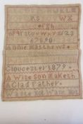 Small sampler dated 1879, 23 x 20cm