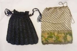 1920's evening bag, embroidered silver thread mesh with beaded fringe and siliver-coloured metal