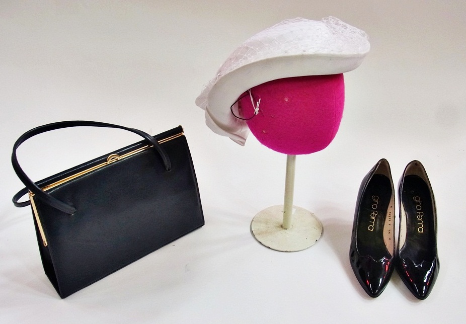 Three vintage handbags, three 1980s small veiled hats and two pairs of stiletto heeled shoes, (1