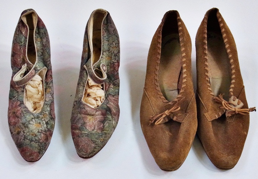 A large selection of vintage shoes and boots including:- fabric dancing shoes, pair fabric shoes