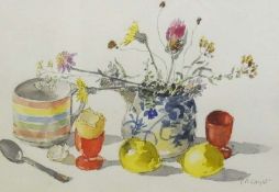 Watercolour
P.A. Wright
Still life study of flowerpot, lemons etc., signed and framed, 24 x 35cm