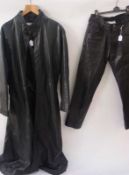 Full length leather coat, labelled "The Varli Collection" and pair of leather trousers, labelled "