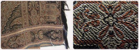 A large Paisley shawl, tan and cream on a black ground with a black fringe