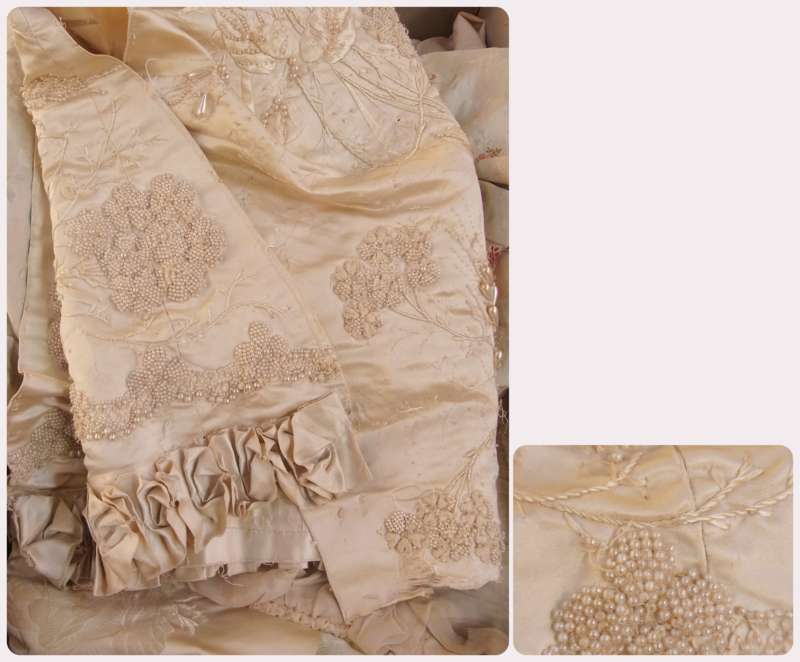 Various remnants of a late 19th century/early 20th century dress, other remnant pieces of damask and