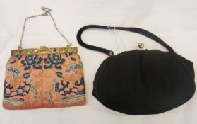 A silk embroidered vintage evening bag, the frame gilt filigree with beads and chain handle together