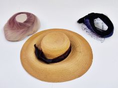 Two 1950's hats and a straw hat with wide brim and brown velvet band