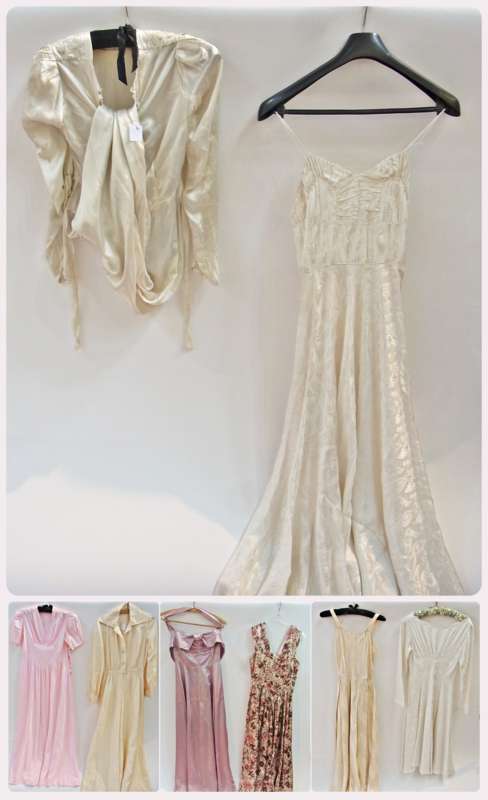 A satin evening dress with faux pearl detail to the bodice, a satin damask wedding dress, circa