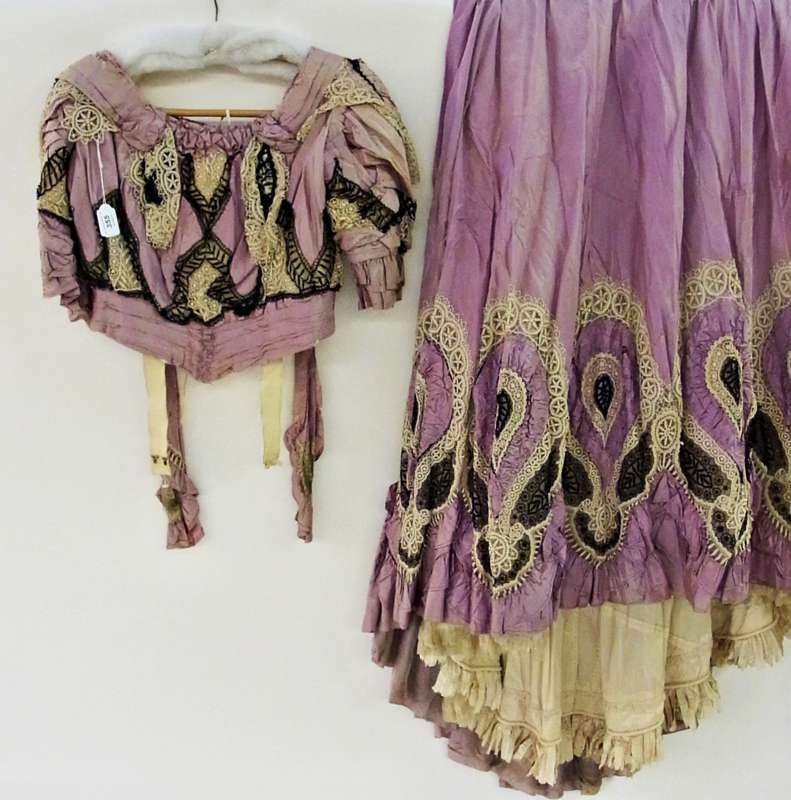 Edwardian pale mauve satin bodice and skirt, with lace detail in black and cream, one detachable