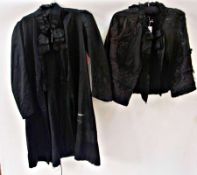 Victorian black satin coat, with embroidered detail and ribbon collar, and a Victorian black cape,