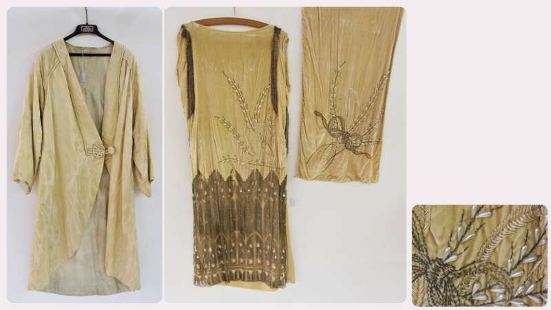 Pale gold 1920s velvet dress and stole, embroidered panels of silver thread with faux pearls, the