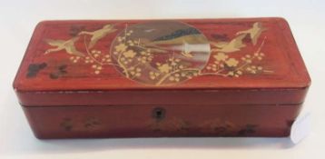 Oriental style lacquered glove box, central cartouche with sailing boat, and wild geese, black