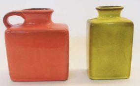 Pair twentieth century studio pottery vases, one lime green, impressed 672, the other orange with