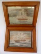 Pair of 19th century silk embroideries showing ships in full sail, with some painted editions,