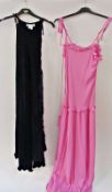 Gina Fratini long pink jersey wool evening dress, with spaghetti straps and frill around bodice