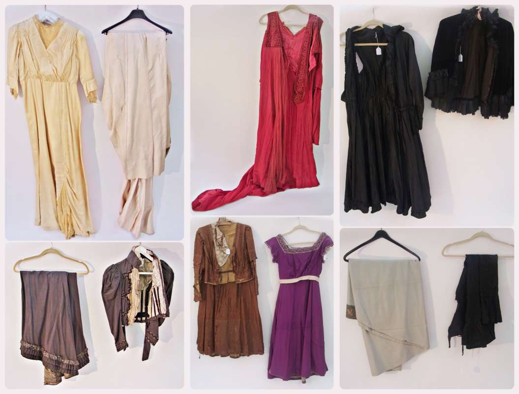 Various Edwardian style (theatrical) dresses, with lace and beaded detailing, a wool wraparound