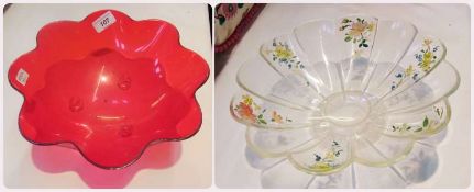 1950s plastic fruit bowl, with painted flowers on fluted design and another in red plastic, (2)