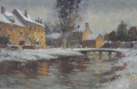 Oil on board 
John Neale (20th century British) 
" Winter in Lower Slaughter", snowy landscape