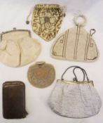 A selection of various vintage beaded and silk evening bags, and a quantity of lace and fabric