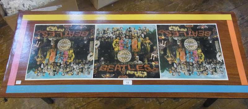 1960's wooden coffee table decorated with Beatles 'Sgt Pepper'