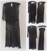Five various 1920s/30s black dresses, one heavily embroidered with black bugle beads, and three lace