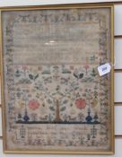 Sampler, Emma Bliss her work, finished in the 10th year of her age 1838, with a prayer, tree of