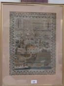 Sampler showing an embroidered farmyard scene with cattle and a man watering a horse in the