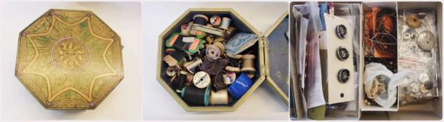 A painted wooden octagonal box, filled with various sewing items and  another box containing:-