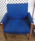 Mid 20th century Gordon Russell square back armchair, upholstered in blue wool weave fabric, on