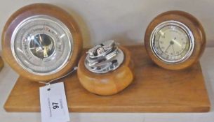 Twentieth century wooden barometer/cigar lighter/thermometer desk set