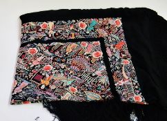 Heavy embroidered black silk piano shawl Chinese style decorated in bright colours with figures