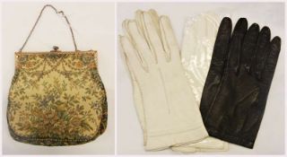 A vintage evening bag, fixed metal frame, floral tapestry design, with two pairs cream kid gloves