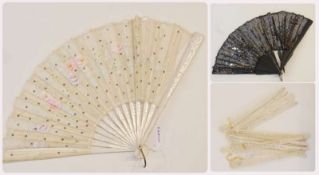 Black sequin and ebony folding fan, painted gauze and simulated ivory folding fan with harebell