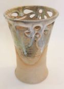 Studio pottery vase, with fretwork rim, and drip glaze blue, impressed mark PC, 15cm high