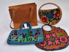 A large selection of vintage bags and baskets including:- raffiawork, tapestry, leather, two