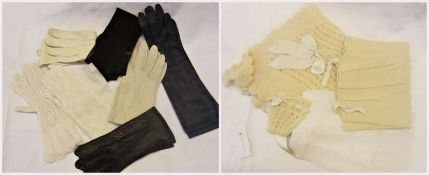 A selection of long kid evening gloves, pair short kid gloves, knitted gloves, knitted blanket (1