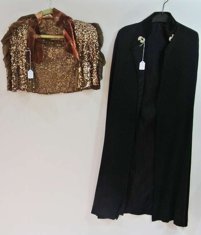 A 1940's yellow chiffon blouse, a little brown sequin and velvet bolero, black velvet cape with