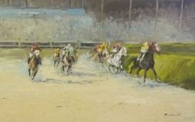 Oil on canvas
Twentieth century school
Horseracing scene with horses rounding a bend, signed