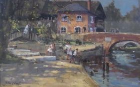 Oil on board 
John Neale (20th century British) 
Village bridge with children playing beside the