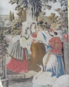 Tapestry picture showing three women in Florentine dress, feeding swans, Italian landscape in the