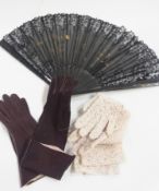 Four pairs of vintage stockings, suede and lace gloves, painted wood and lace fan ( 1 box)