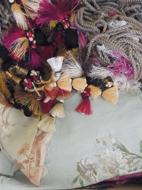 Various lengths of Indian silk material, various remnants, Middle eastern style tassels, fringing