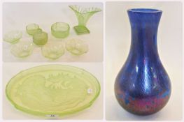 1930s green pressed glass dressing table set, with vase, tray, bowls, powder bowl etc., and a studio