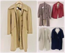 A check wool lady's duster coat with matching scarf, red wool jacket with a small brooch attached,
