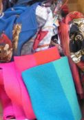 A large selection of various vintage scarves, small umbrella and a long knitted multi-coloured scarf