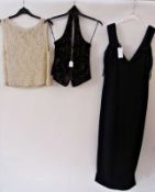 Black crepe evening gown, a cream lace and beaded top, both by Wallis, and a printed velvet